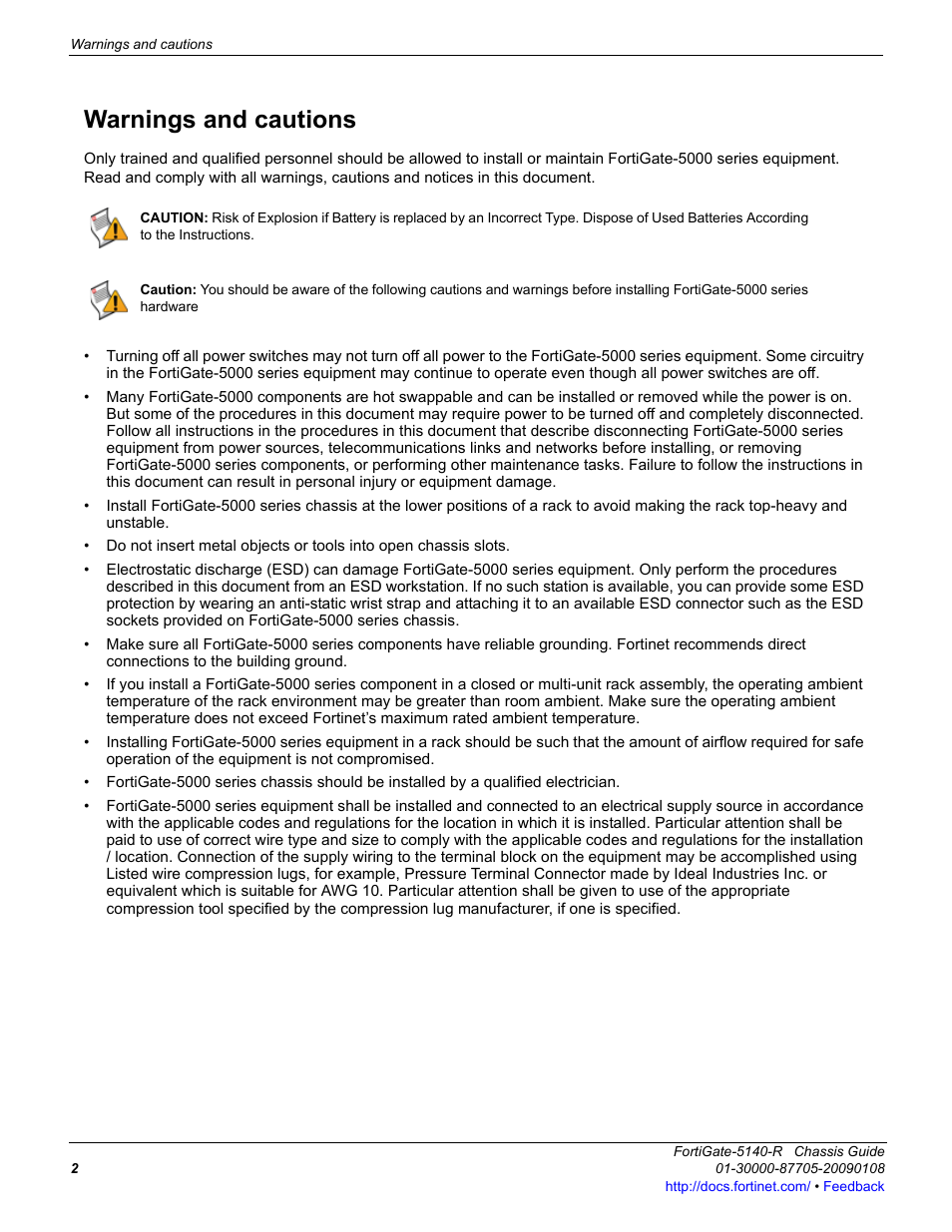 Warnings and cautions | Fortinet FortiGate 5140-R User Manual | Page 2 / 32