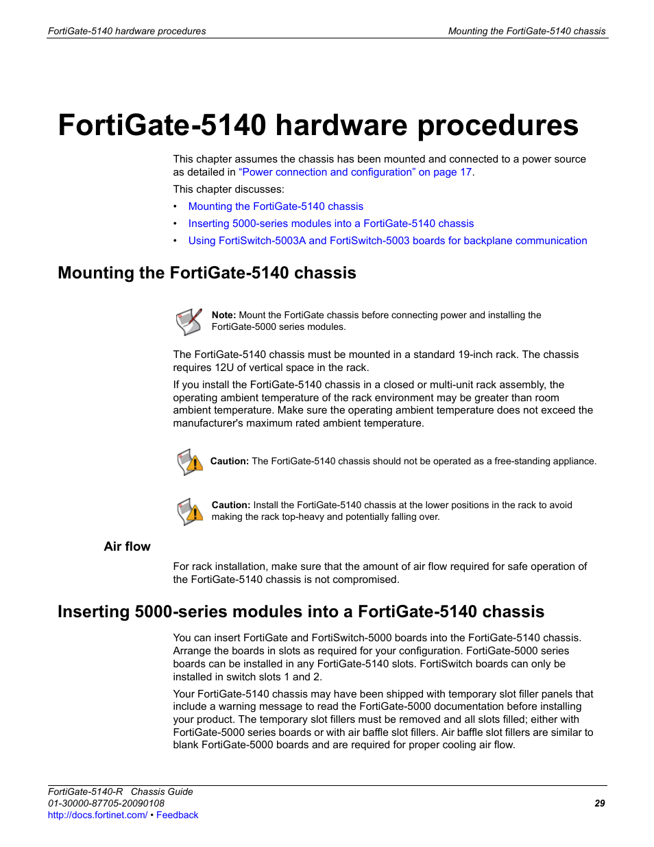 Fortigate-5140 hardware procedures, Mounting the fortigate-5140 chassis, Air flow | Fortinet FortiGate 5140-R User Manual | Page 29 / 32