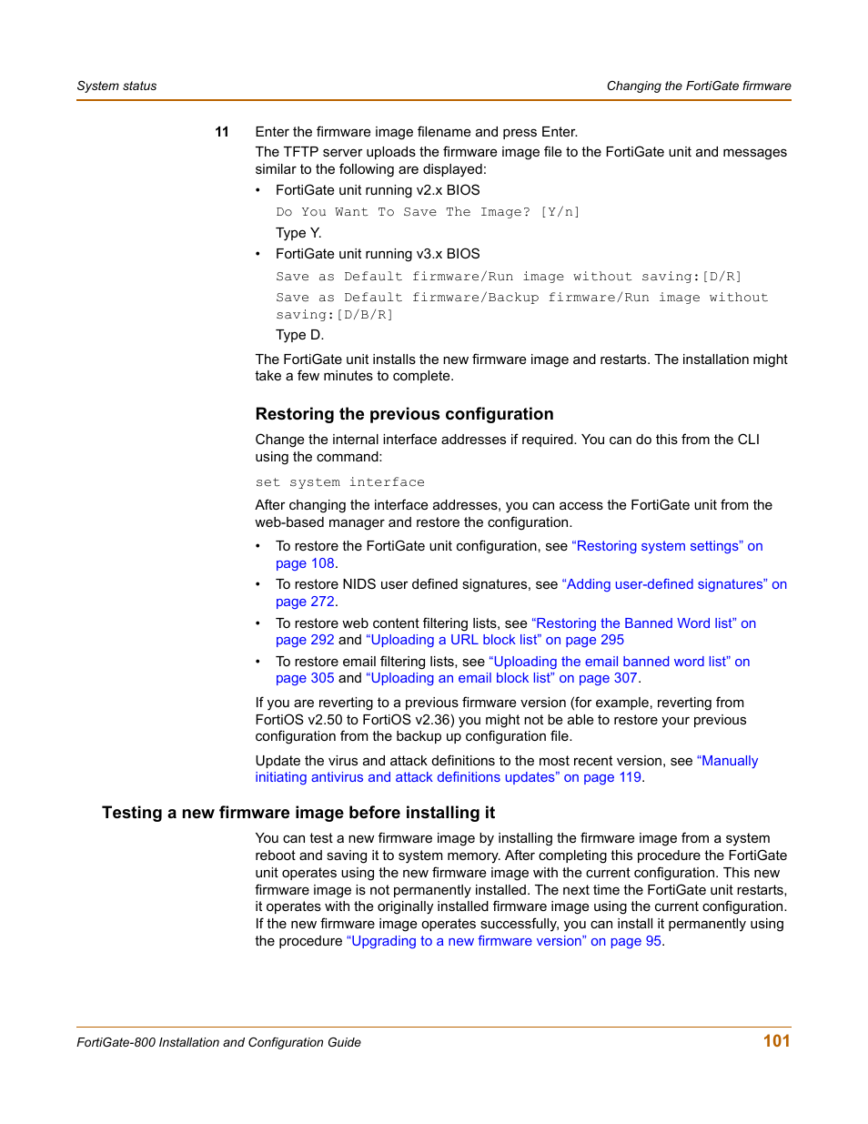 Restoring the previous configuration, Testing a new firmware image before installing it | Fortinet FortiGate-800 User Manual | Page 101 / 336