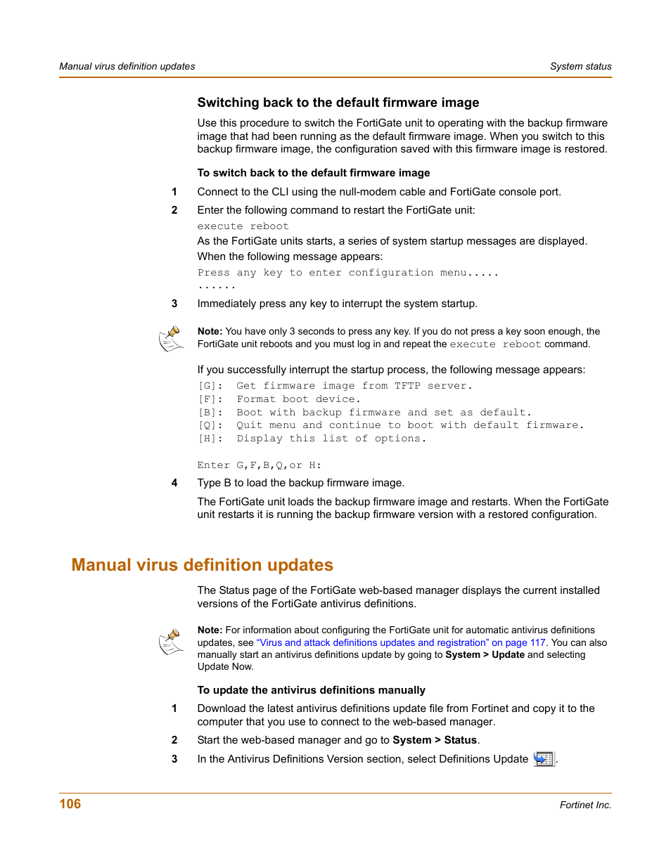 Switching back to the default firmware image, Manual virus definition updates | Fortinet FortiGate-800 User Manual | Page 106 / 336