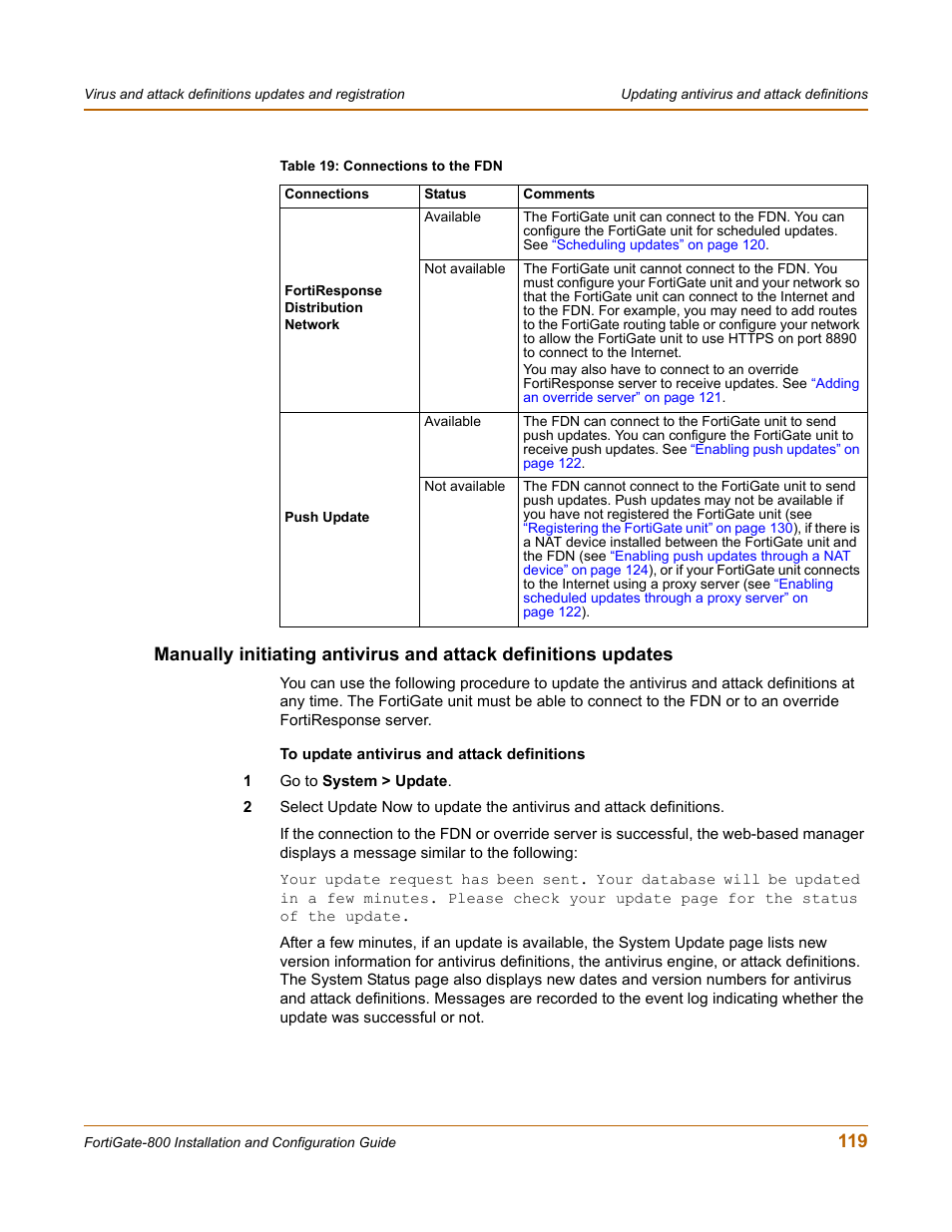 Manually initiating antivirus and, Manually initiating, Manually | Fortinet FortiGate-800 User Manual | Page 119 / 336