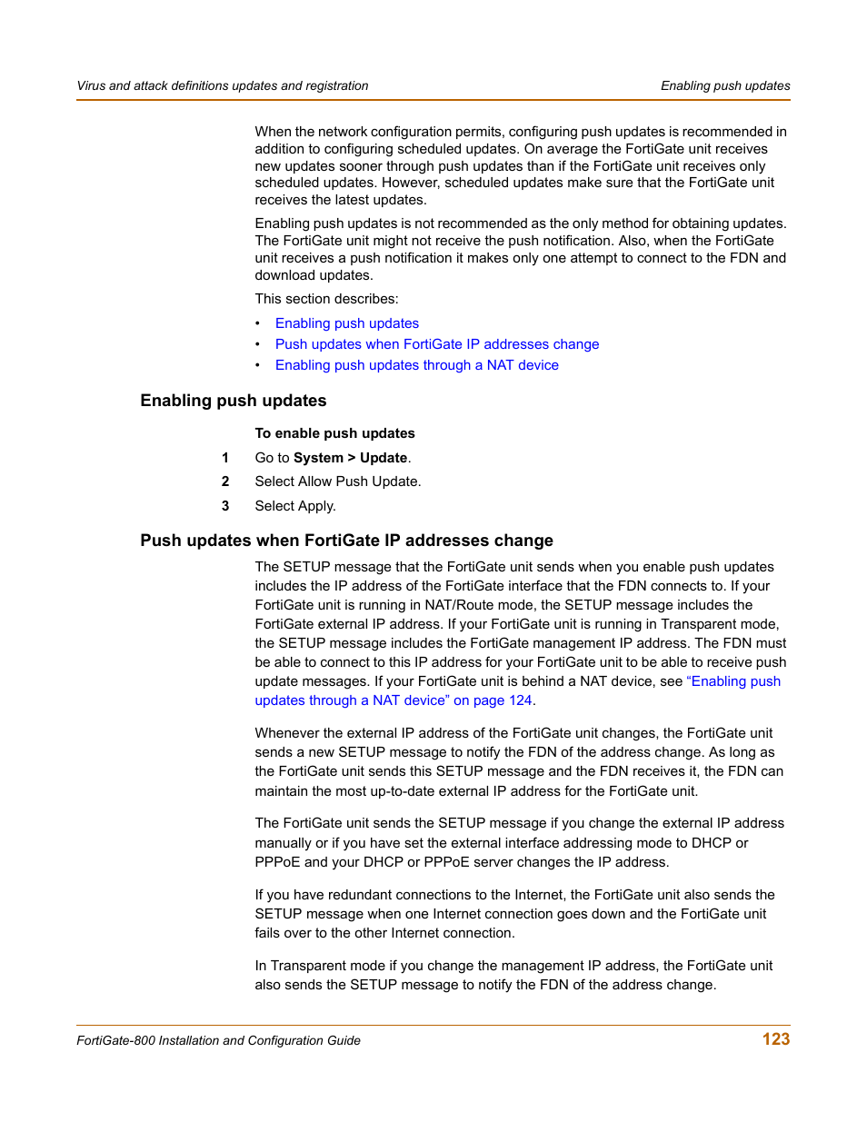 Enabling push updates, Push updates when fortigate ip addresses change | Fortinet FortiGate-800 User Manual | Page 123 / 336