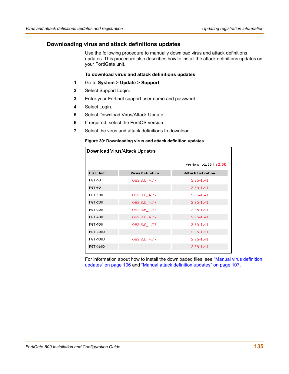 Downloading virus and attack definitions updates | Fortinet FortiGate-800 User Manual | Page 135 / 336