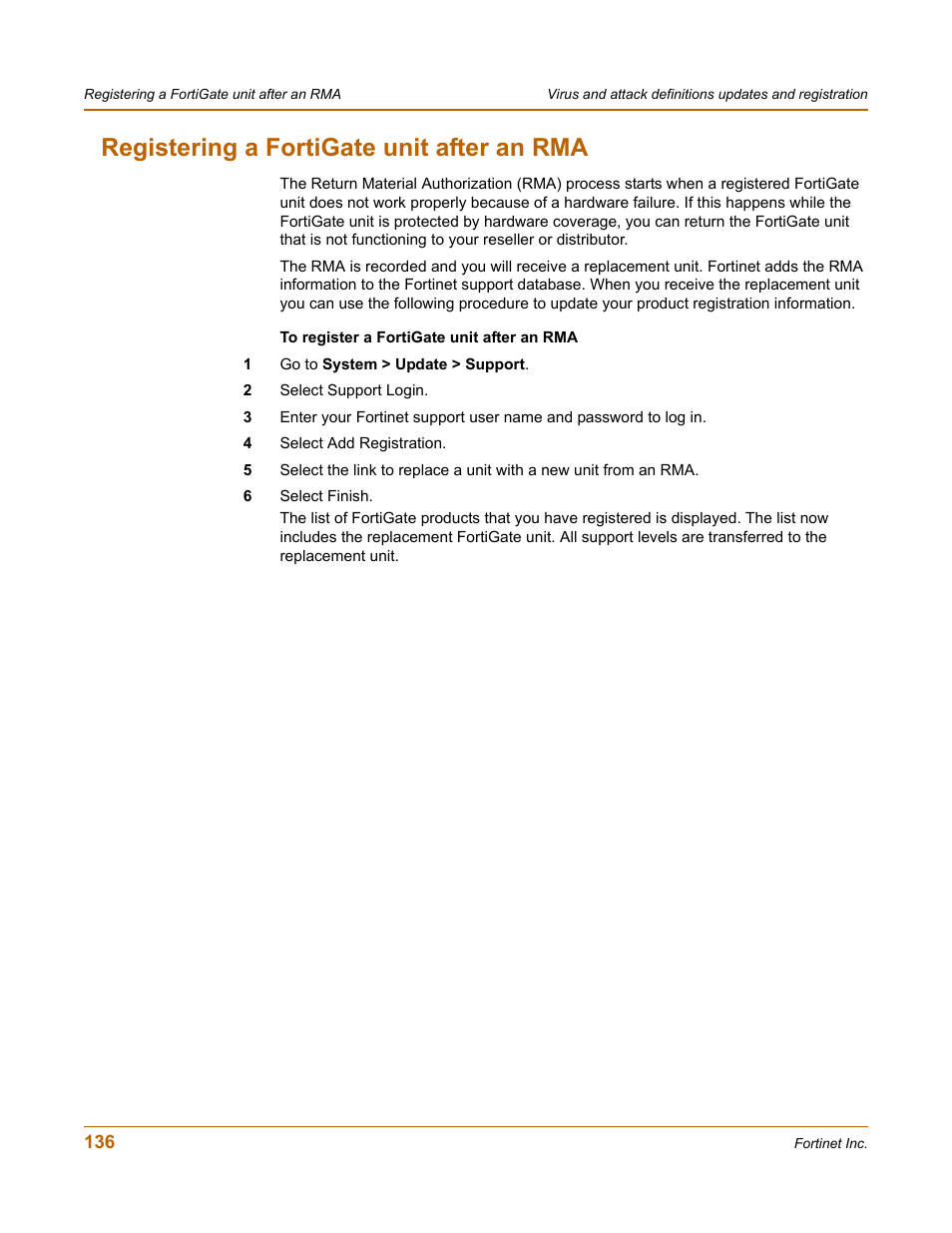 Registering a fortigate unit after an rma | Fortinet FortiGate-800 User Manual | Page 136 / 336