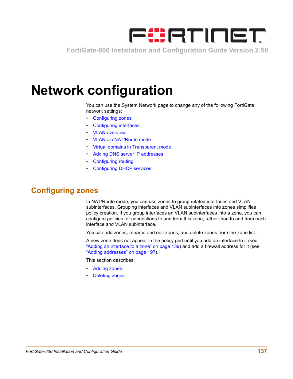 Network configuration, Configuring zones | Fortinet FortiGate-800 User Manual | Page 137 / 336