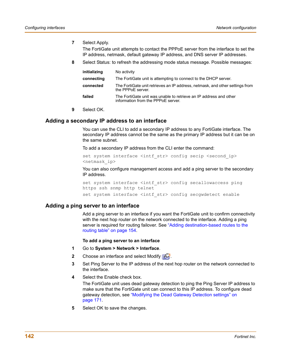 Adding a secondary ip address to an interface, Adding a ping server to an interface | Fortinet FortiGate-800 User Manual | Page 142 / 336