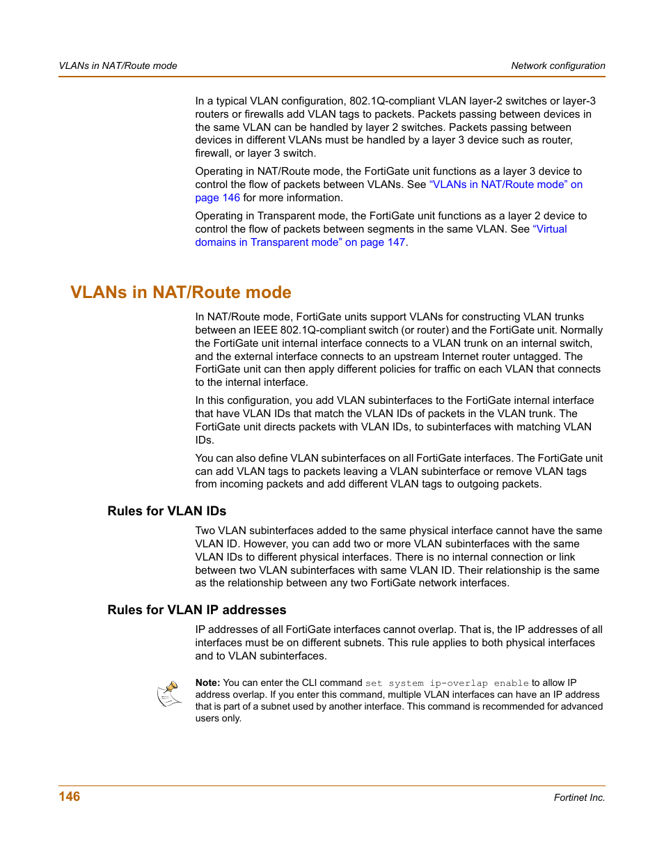 Vlans in nat/route mode, Rules for vlan ids, Rules for vlan ip addresses | Rules for vlan ids rules for vlan ip addresses | Fortinet FortiGate-800 User Manual | Page 146 / 336