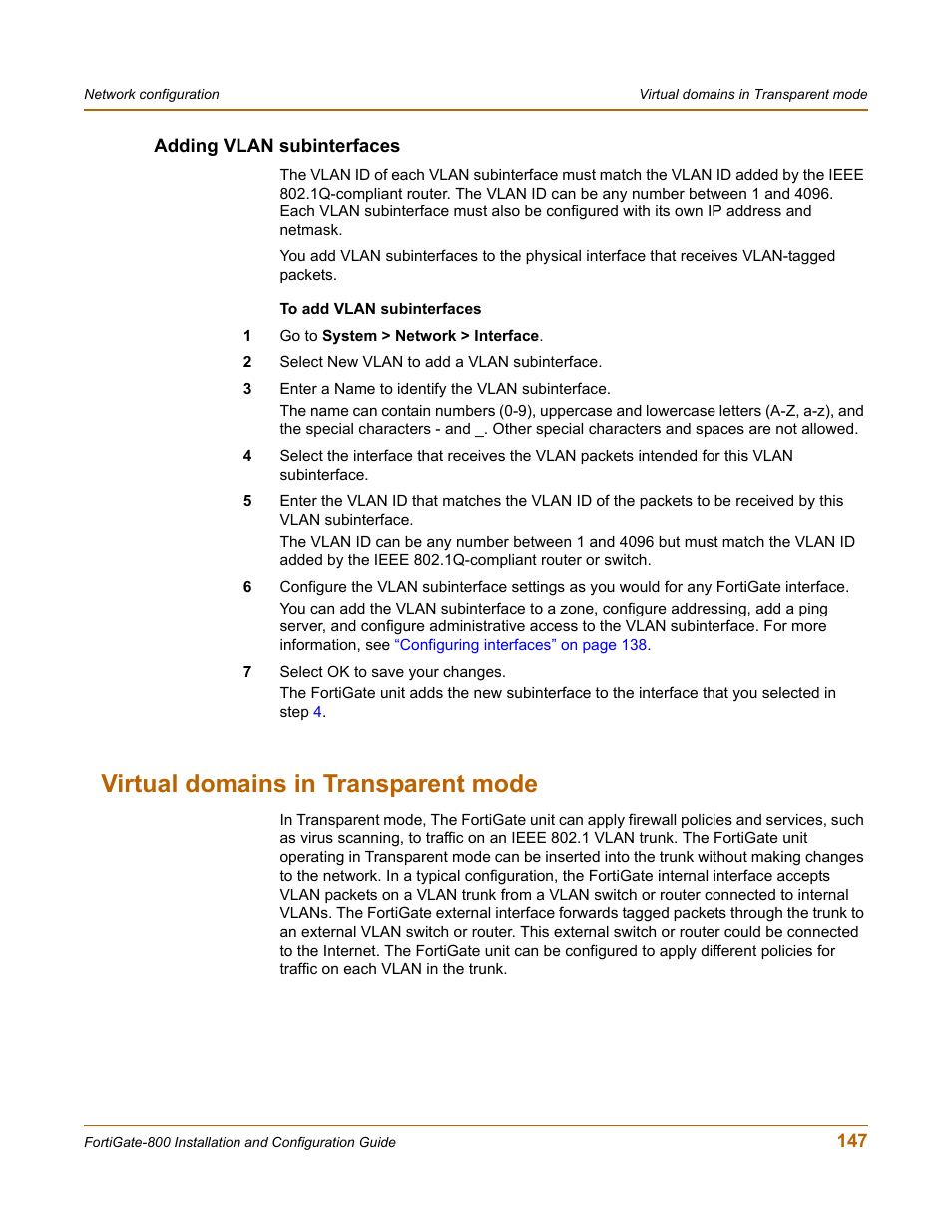 Adding vlan subinterfaces, Virtual domains in transparent mode, Virtual | Fortinet FortiGate-800 User Manual | Page 147 / 336