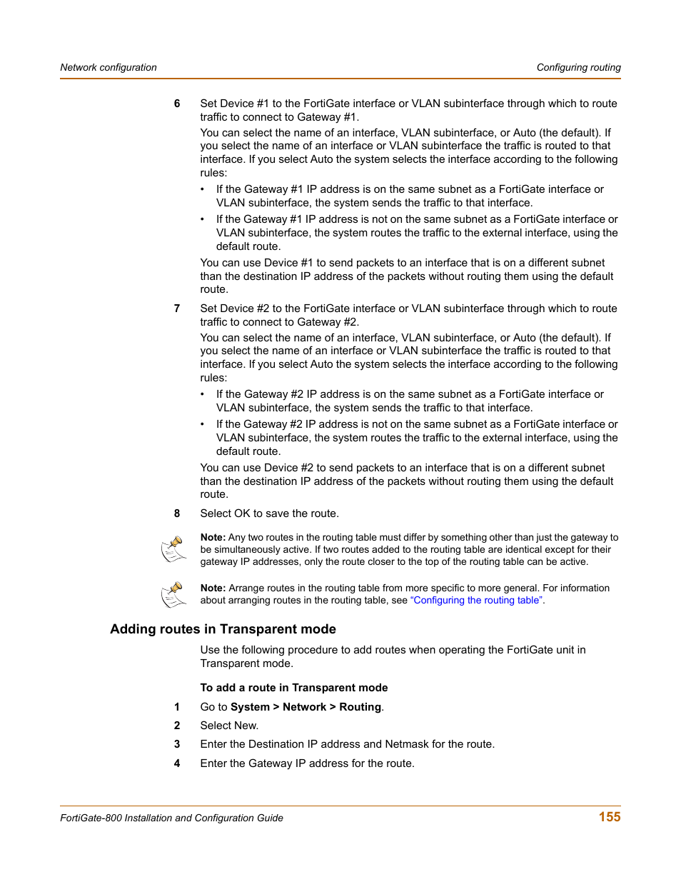 Adding routes in transparent mode | Fortinet FortiGate-800 User Manual | Page 155 / 336