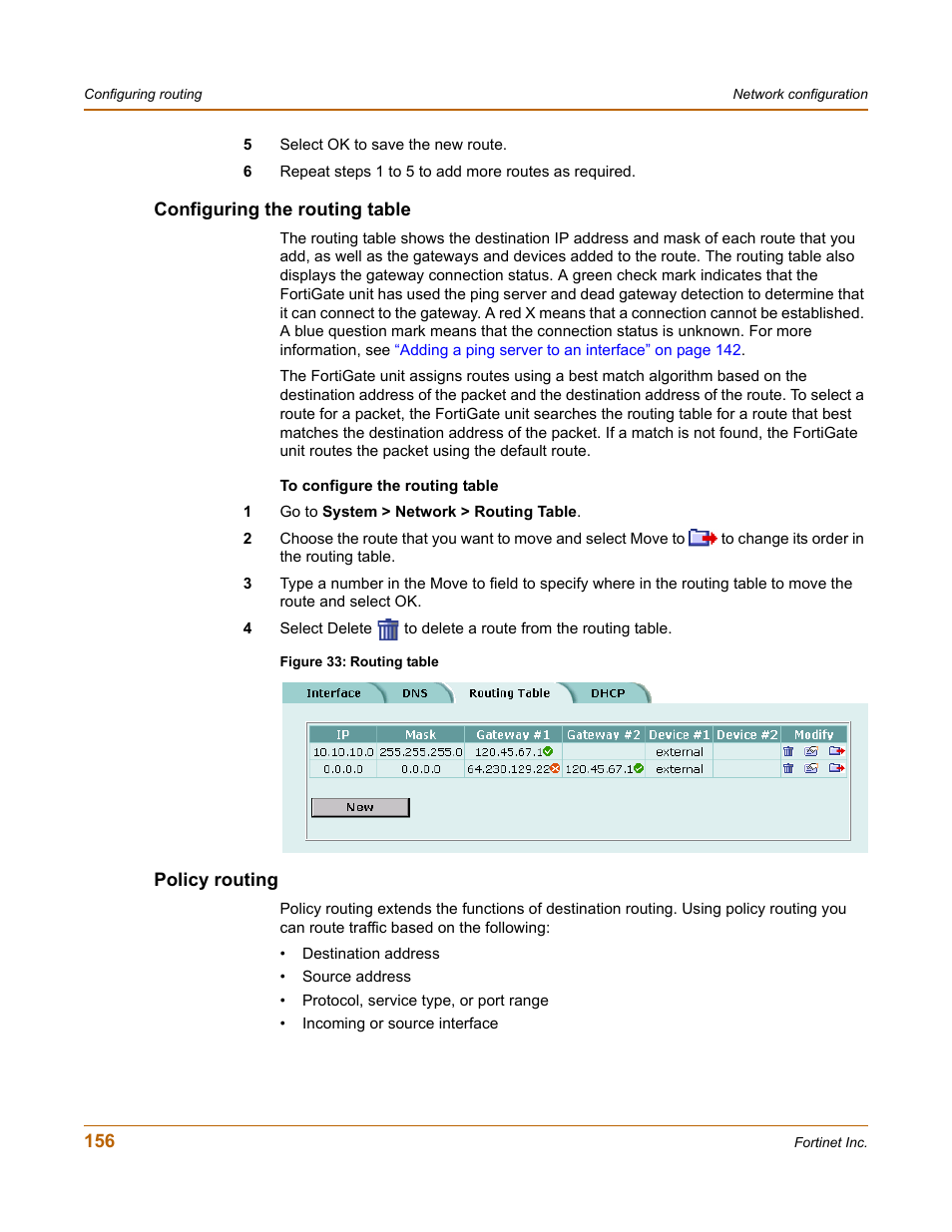 Configuring the routing table, Policy routing, Configuring the routing table policy routing | Fortinet FortiGate-800 User Manual | Page 156 / 336