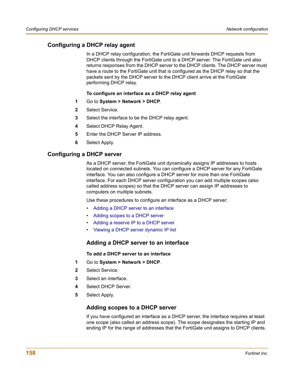 Configuring a dhcp relay agent, Configuring a dhcp server, Adding a dhcp server to an interface | Adding scopes to a dhcp server | Fortinet FortiGate-800 User Manual | Page 158 / 336