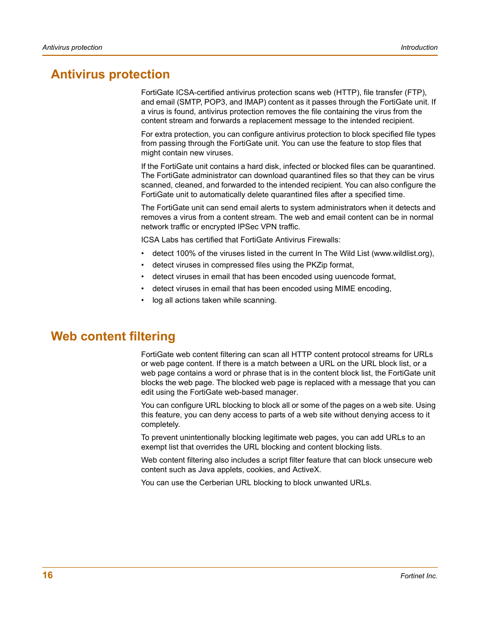 Antivirus protection, Web content filtering, Antivirus protection web content filtering | Fortinet FortiGate-800 User Manual | Page 16 / 336