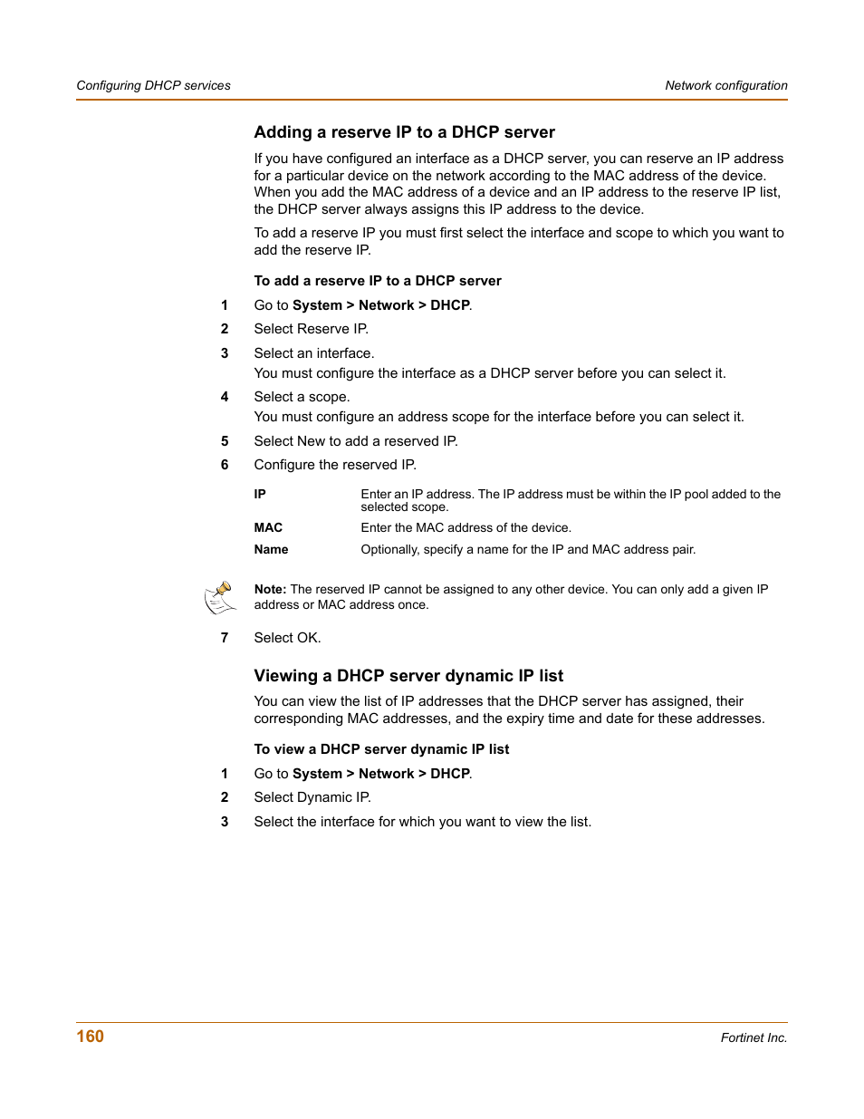 Adding a reserve ip to a dhcp server, Viewing a dhcp server dynamic ip list | Fortinet FortiGate-800 User Manual | Page 160 / 336