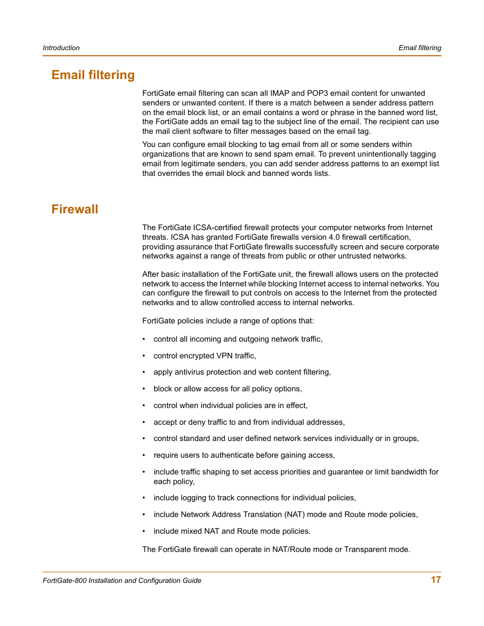 Email filtering, Firewall, Email filtering firewall | Fortinet FortiGate-800 User Manual | Page 17 / 336