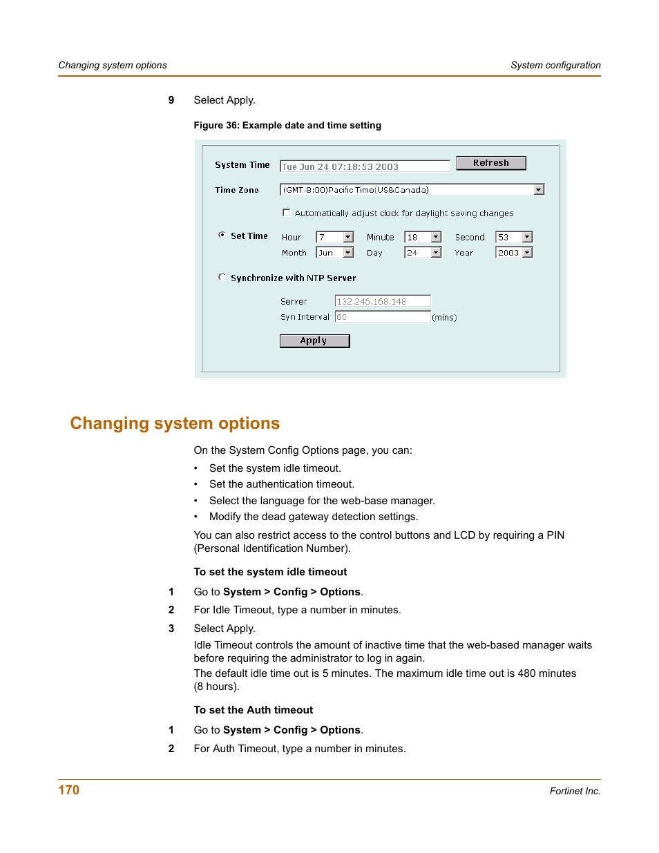 Changing system options | Fortinet FortiGate-800 User Manual | Page 170 / 336