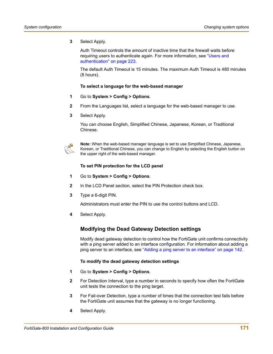 Modifying the dead gateway detection settings, Modifying the dead gateway detection settings” on | Fortinet FortiGate-800 User Manual | Page 171 / 336