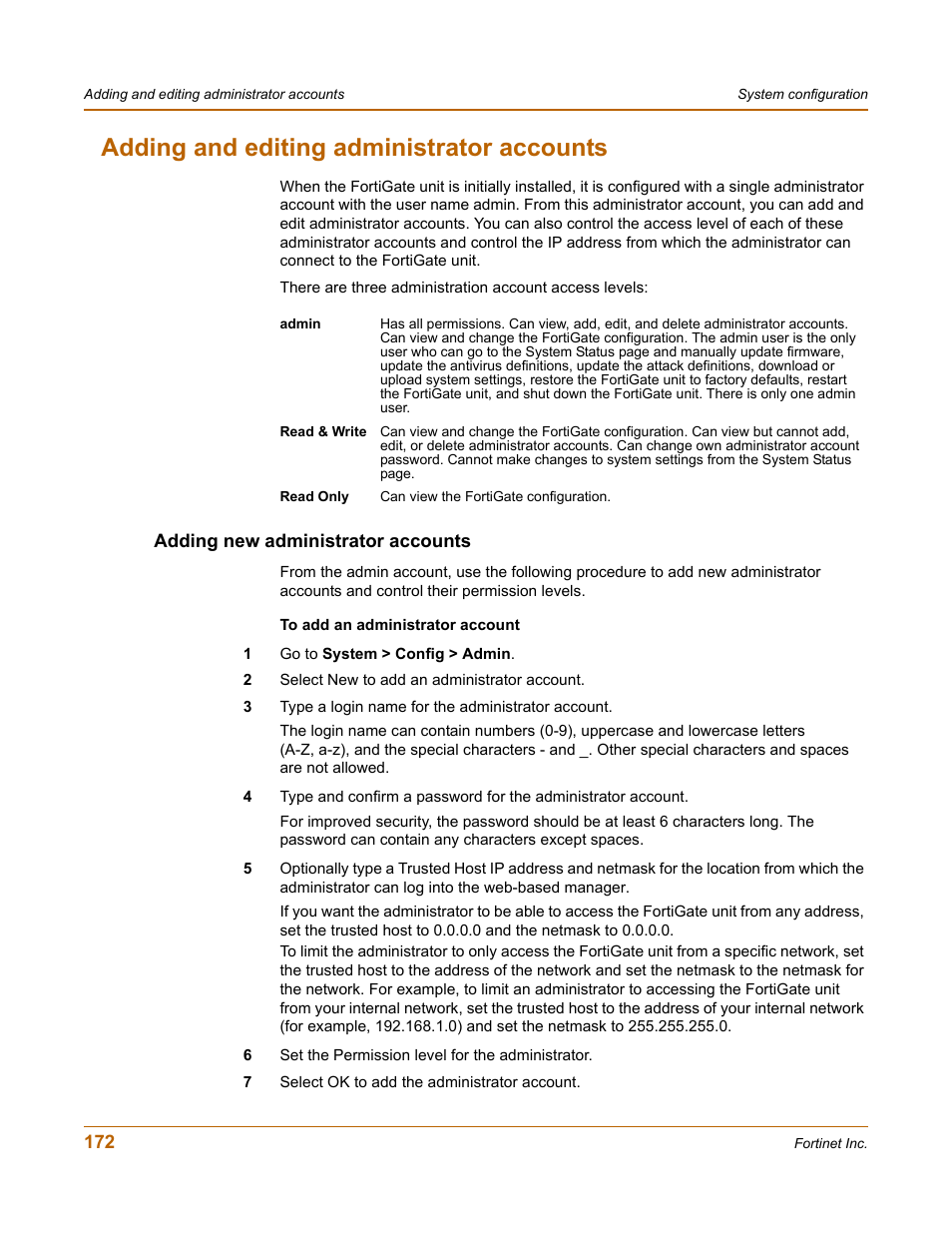 Adding and editing administrator accounts, Adding new administrator accounts, Adding and editing administrator | Fortinet FortiGate-800 User Manual | Page 172 / 336