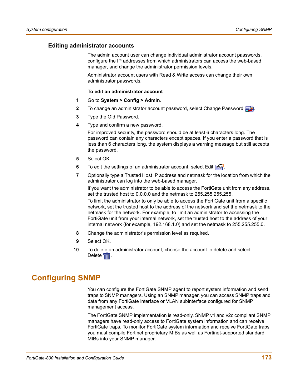 Editing administrator accounts, Configuring snmp | Fortinet FortiGate-800 User Manual | Page 173 / 336