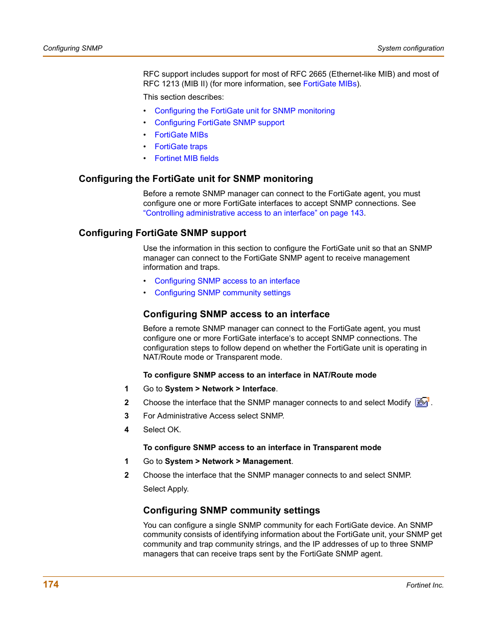 Configuring the fortigate unit for snmp monitoring, Configuring fortigate snmp support, Configuring snmp access to an interface | Configuring snmp community settings | Fortinet FortiGate-800 User Manual | Page 174 / 336