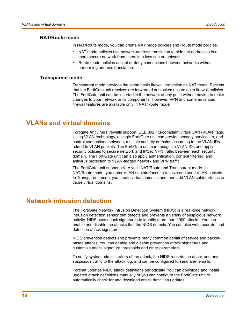 Nat/route mode, Transparent mode, Vlans and virtual domains | Network intrusion detection, Nat/route mode transparent mode | Fortinet FortiGate-800 User Manual | Page 18 / 336