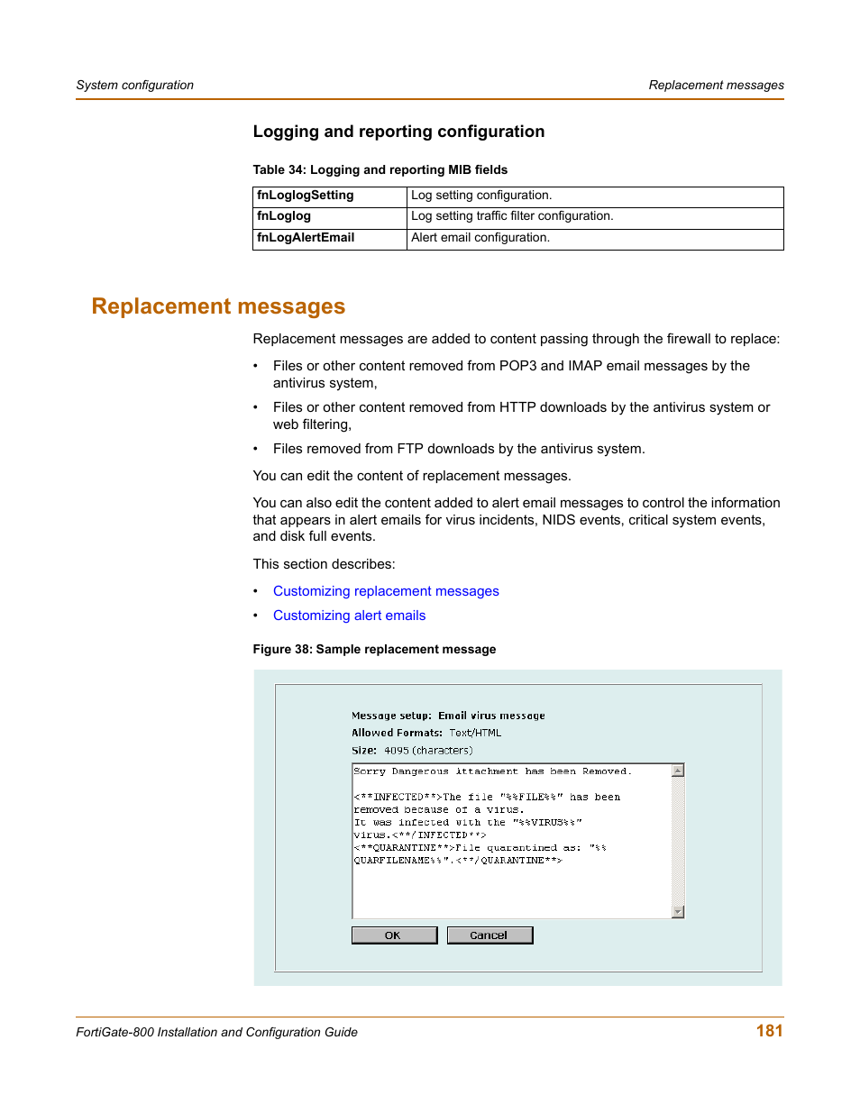 Logging and reporting configuration, Replacement messages | Fortinet FortiGate-800 User Manual | Page 181 / 336