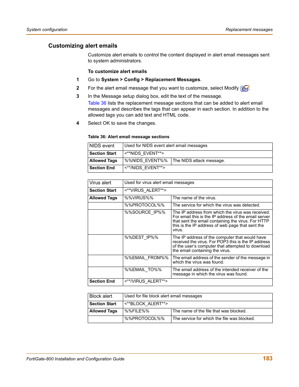 Customizing alert emails, 183 customizing alert emails | Fortinet FortiGate-800 User Manual | Page 183 / 336