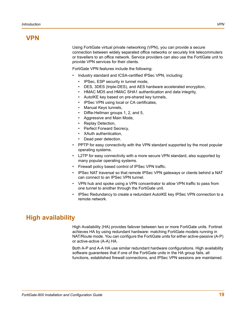 High availability, Vpn high availability | Fortinet FortiGate-800 User Manual | Page 19 / 336