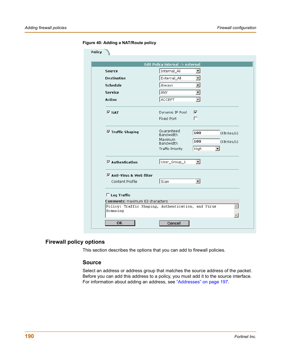 Firewall policy options, Source | Fortinet FortiGate-800 User Manual | Page 190 / 336