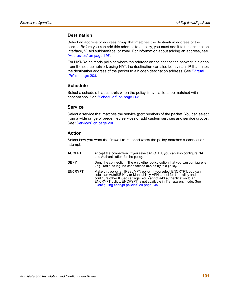 Destination, Schedule, Service | Action | Fortinet FortiGate-800 User Manual | Page 191 / 336