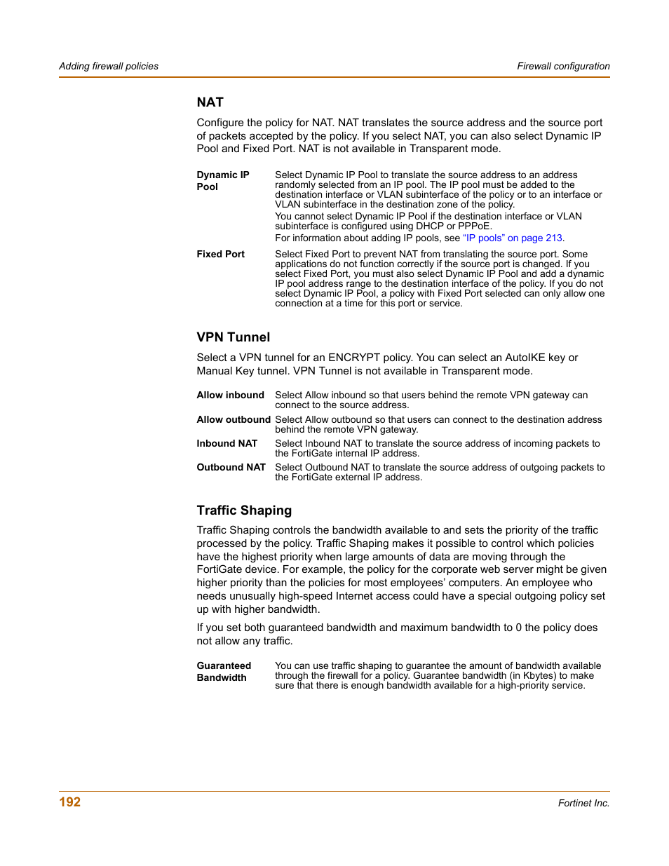 Vpn tunnel, Traffic shaping | Fortinet FortiGate-800 User Manual | Page 192 / 336