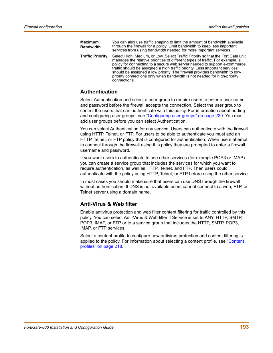 Authentication, Anti-virus & web filter | Fortinet FortiGate-800 User Manual | Page 193 / 336