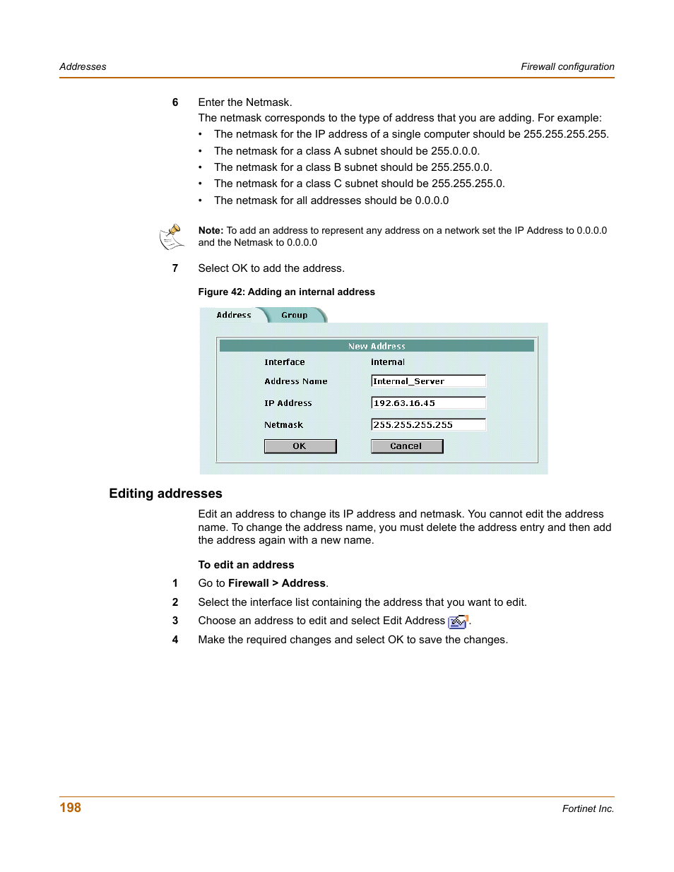 Editing addresses | Fortinet FortiGate-800 User Manual | Page 198 / 336