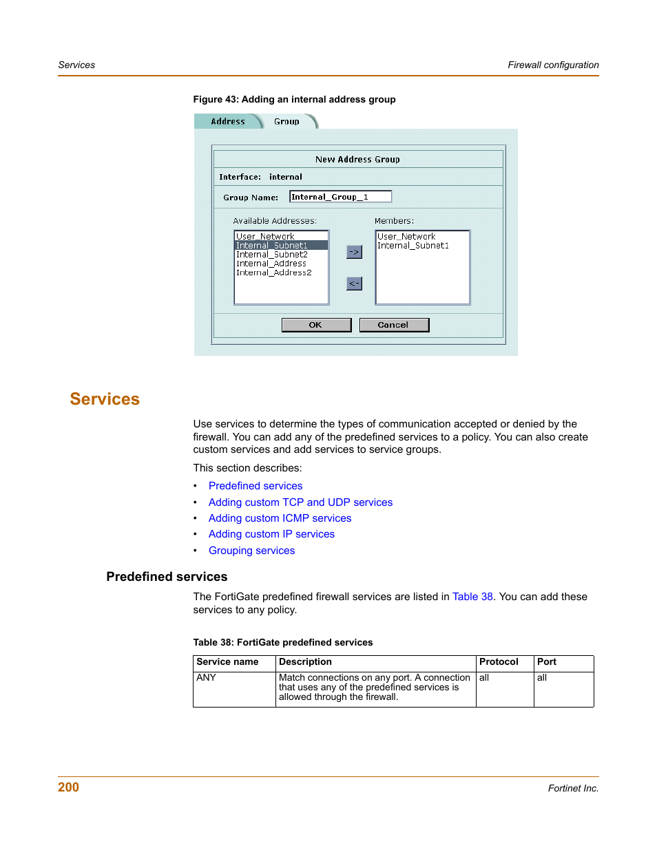 Services, Predefined services | Fortinet FortiGate-800 User Manual | Page 200 / 336