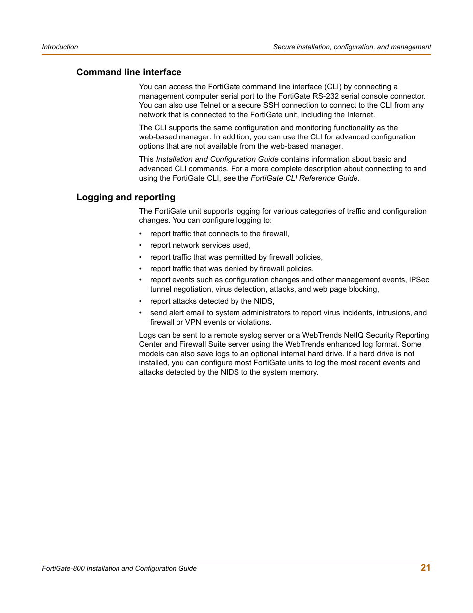 Command line interface, Logging and reporting, Command line interface logging and reporting | Fortinet FortiGate-800 User Manual | Page 21 / 336