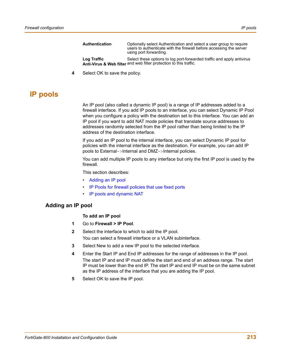 Ip pools, Adding an ip pool | Fortinet FortiGate-800 User Manual | Page 213 / 336