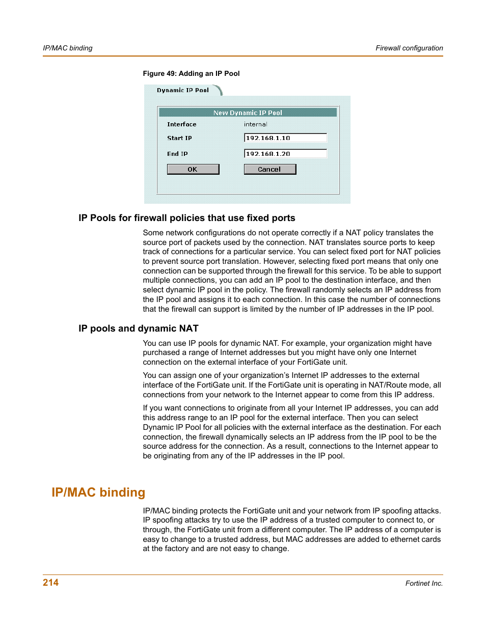 Ip pools and dynamic nat, Ip/mac binding | Fortinet FortiGate-800 User Manual | Page 214 / 336