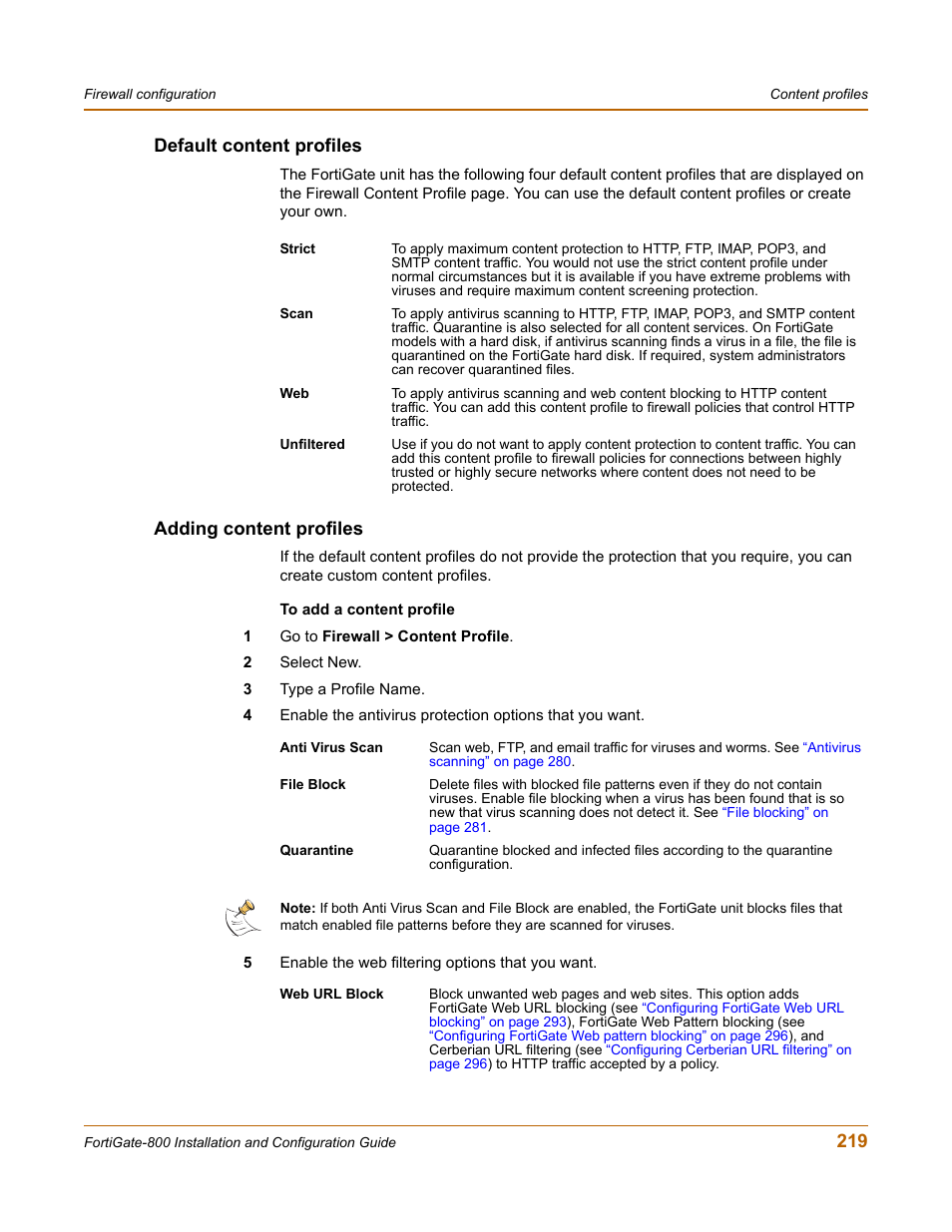 Default content profiles, Adding content profiles, Default content profiles adding content profiles | 219 default content profiles | Fortinet FortiGate-800 User Manual | Page 219 / 336