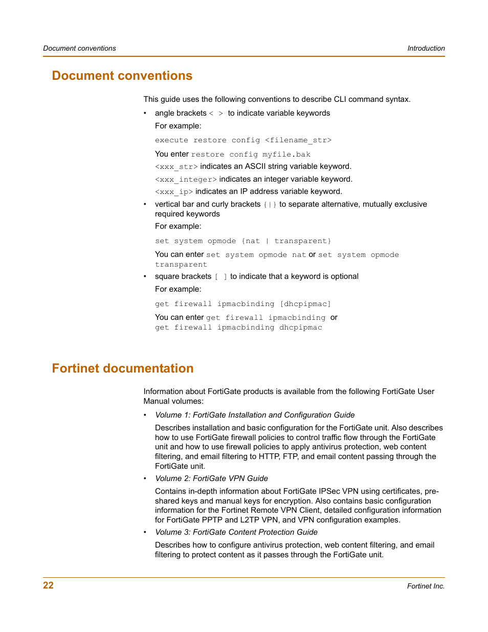 Document conventions, Fortinet documentation, Document conventions fortinet documentation | Fortinet FortiGate-800 User Manual | Page 22 / 336