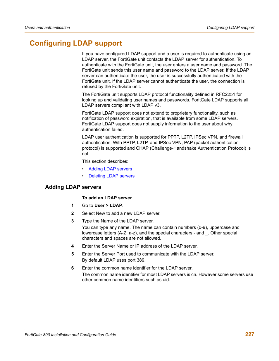 Configuring ldap support, Adding ldap servers | Fortinet FortiGate-800 User Manual | Page 227 / 336