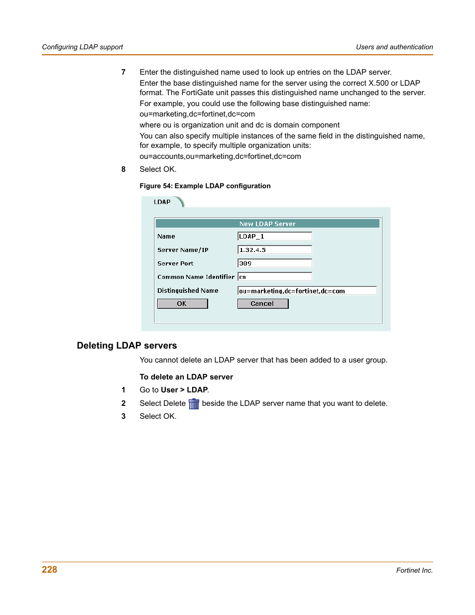 Deleting ldap servers | Fortinet FortiGate-800 User Manual | Page 228 / 336