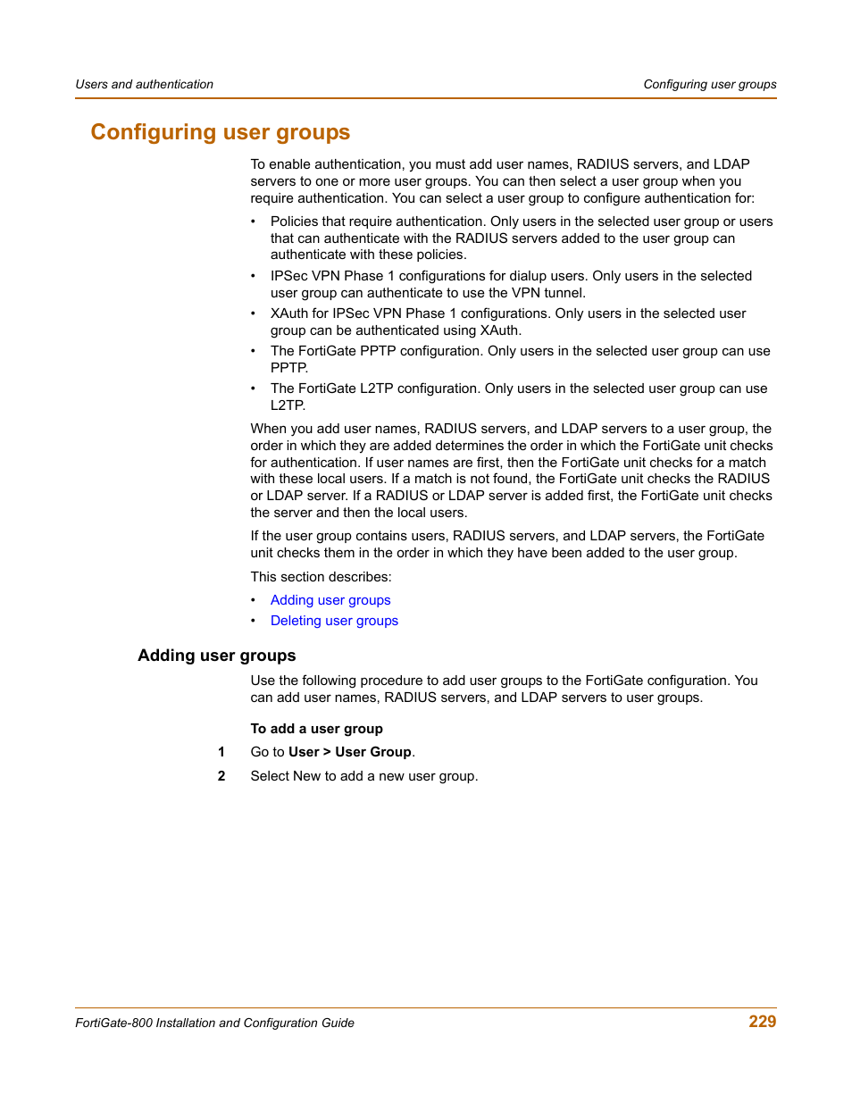 Configuring user groups, Adding user groups | Fortinet FortiGate-800 User Manual | Page 229 / 336