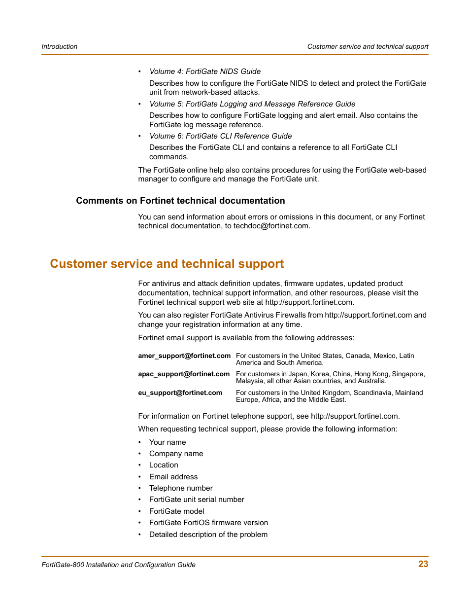 Comments on fortinet technical documentation, Customer service and technical support | Fortinet FortiGate-800 User Manual | Page 23 / 336