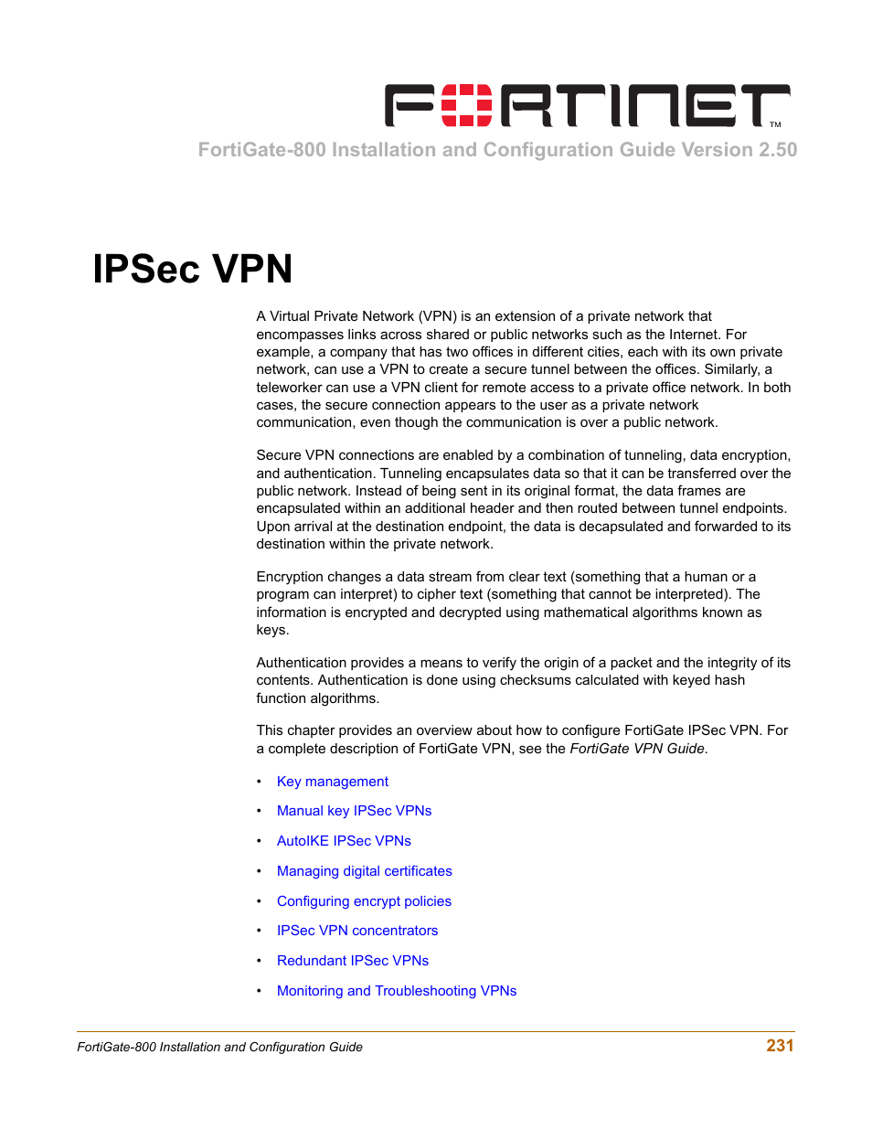 Ipsec vpn | Fortinet FortiGate-800 User Manual | Page 231 / 336