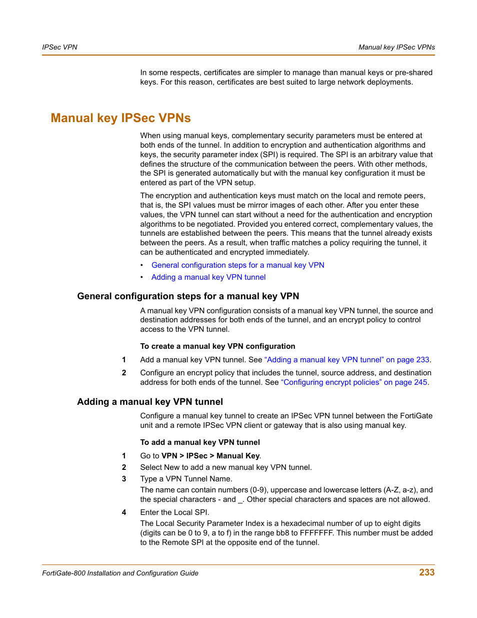 Manual key ipsec vpns, General configuration steps for a manual key vpn, Adding a manual key vpn tunnel | Fortinet FortiGate-800 User Manual | Page 233 / 336