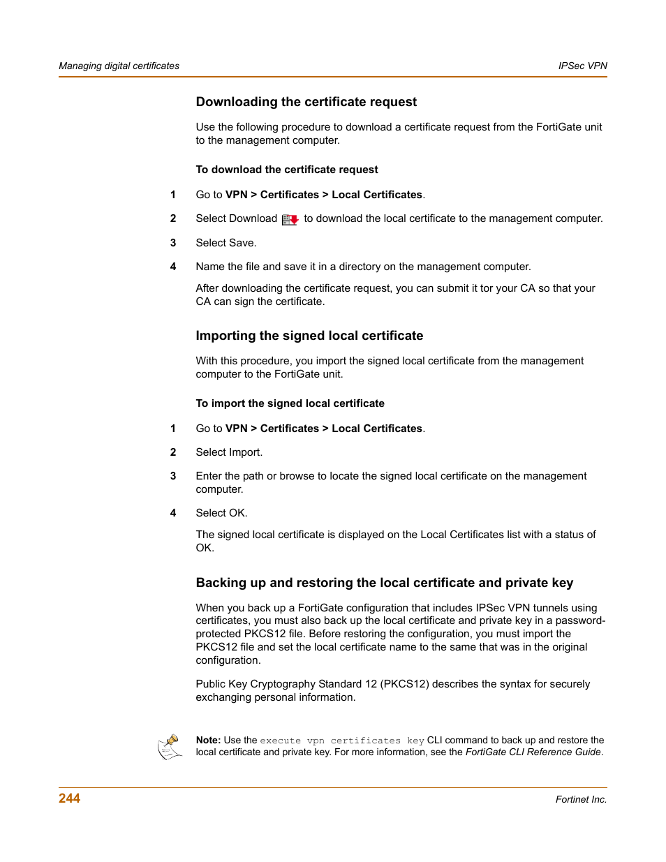 Downloading the certificate request, Importing the signed local certificate | Fortinet FortiGate-800 User Manual | Page 244 / 336