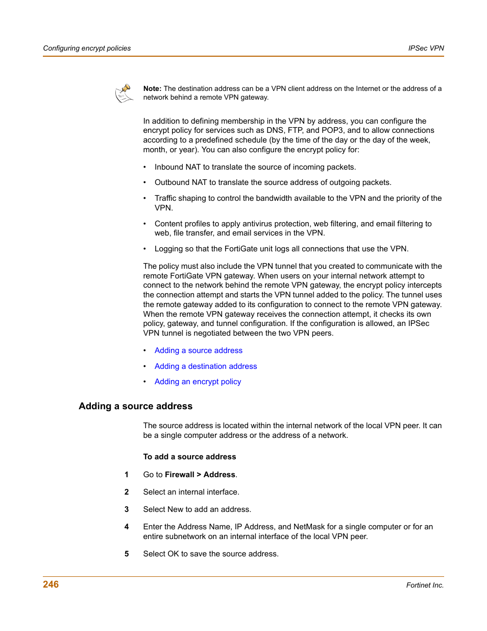 Adding a source address | Fortinet FortiGate-800 User Manual | Page 246 / 336