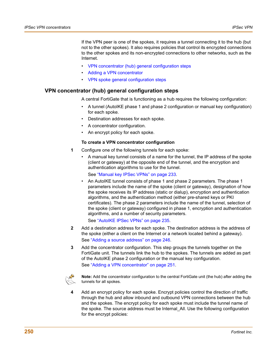 Vpn concentrator (hub) general configuration steps | Fortinet FortiGate-800 User Manual | Page 250 / 336