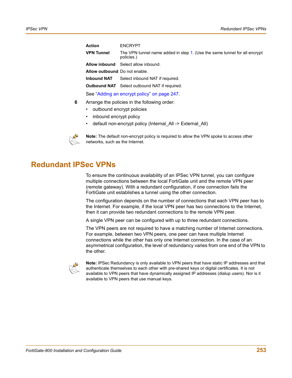 Redundant ipsec vpns, Redundant ipsec | Fortinet FortiGate-800 User Manual | Page 253 / 336