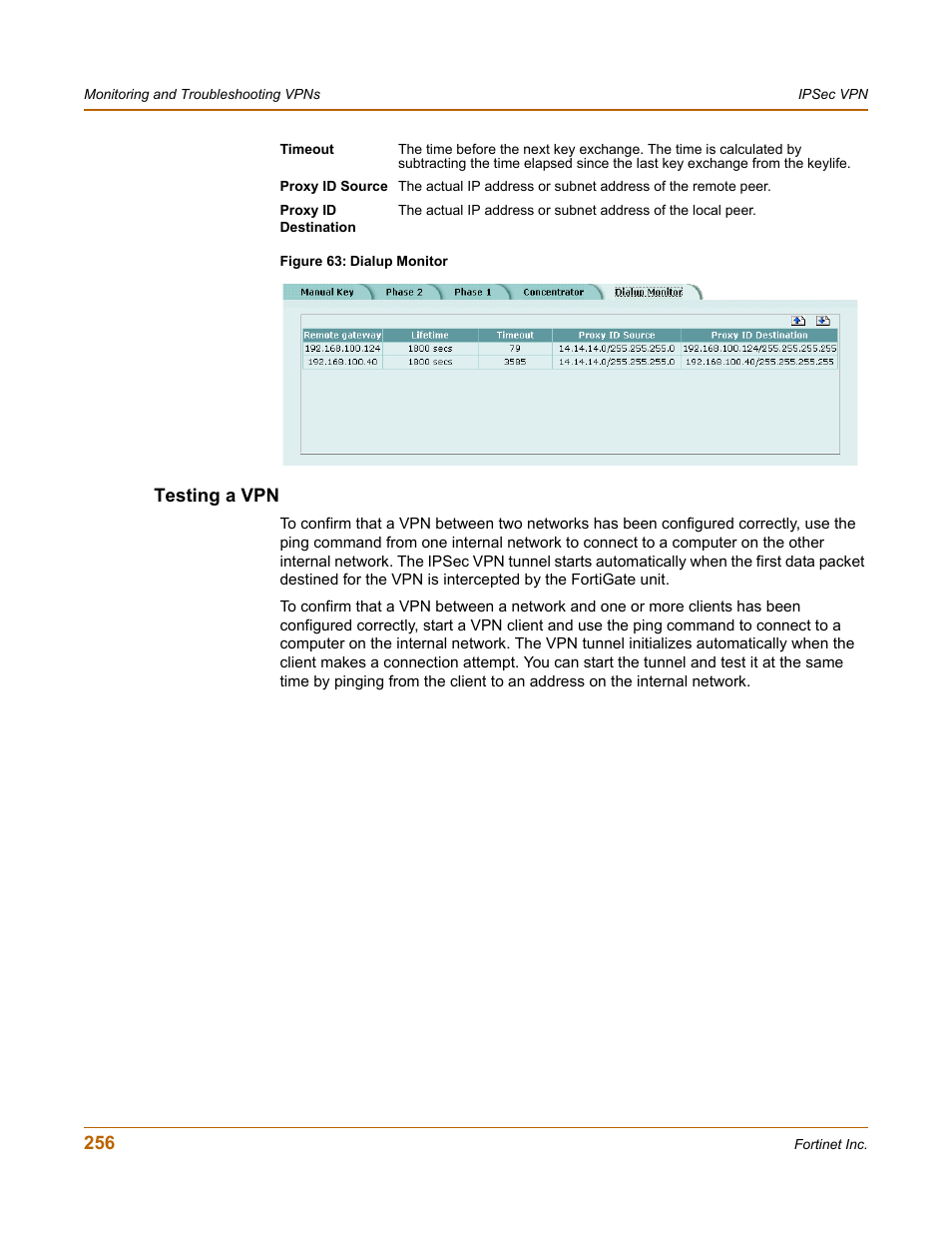 Testing a vpn | Fortinet FortiGate-800 User Manual | Page 256 / 336