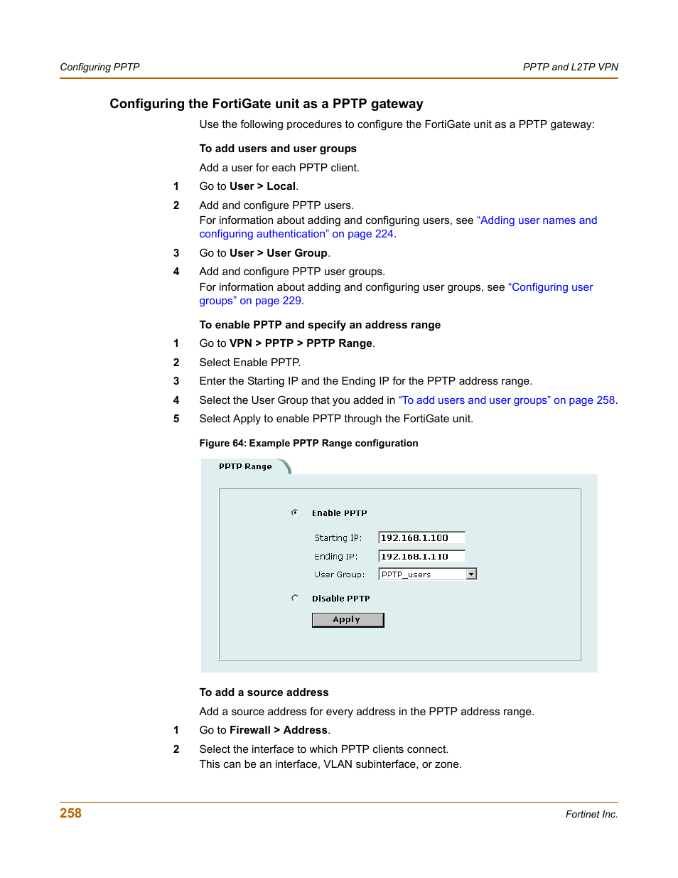 Configuring the fortigate unit as a pptp gateway | Fortinet FortiGate-800 User Manual | Page 258 / 336